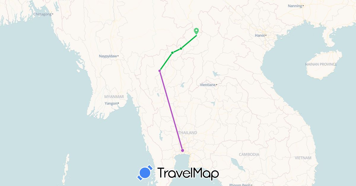 TravelMap itinerary: bus, train in Laos, Thailand (Asia)